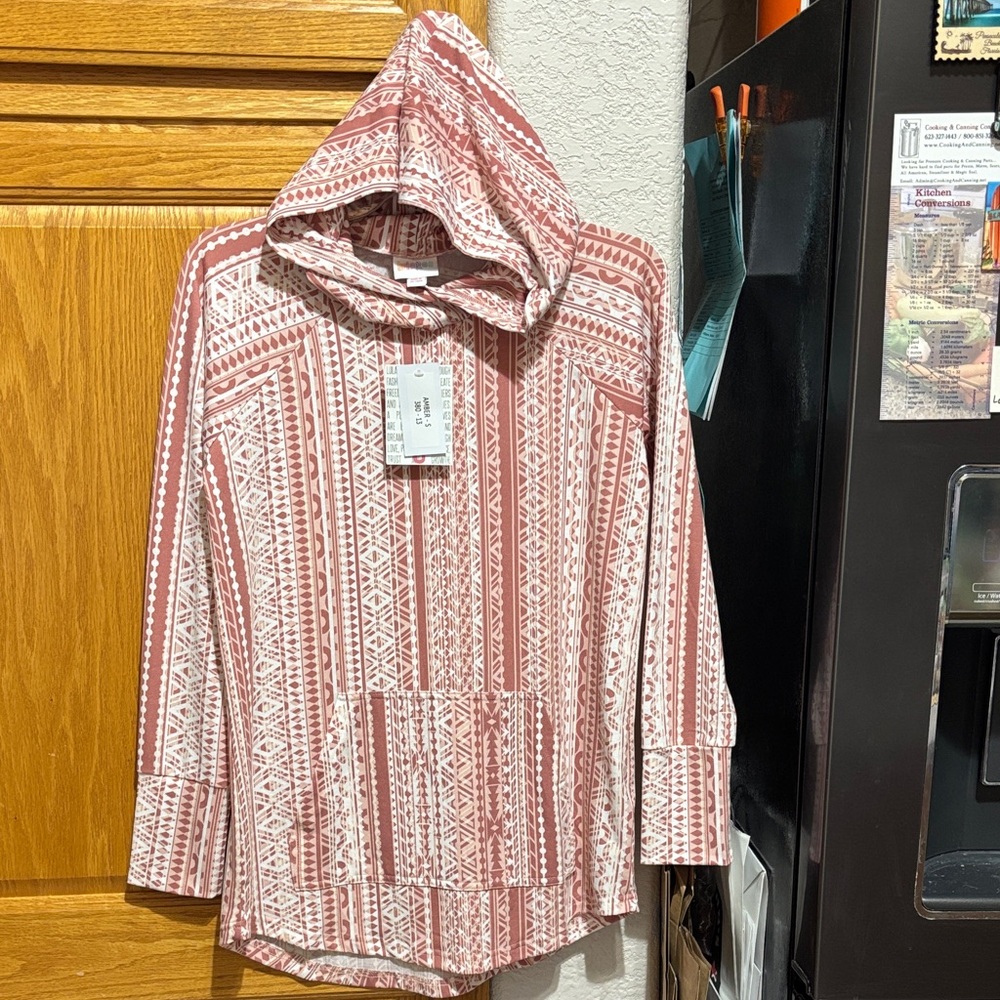 LuLaRoe Pink and White Geometric Hoodie